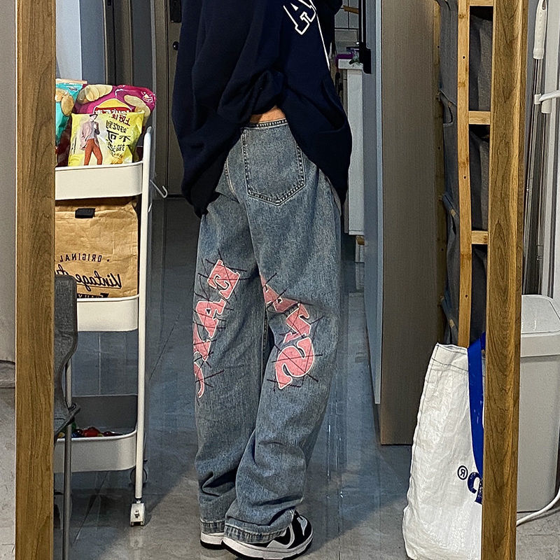 Vibe Guochao High Street Pants Design Sense Niche Washed Printing Jeans Women Straight Loose Heavy Industry Wastelan